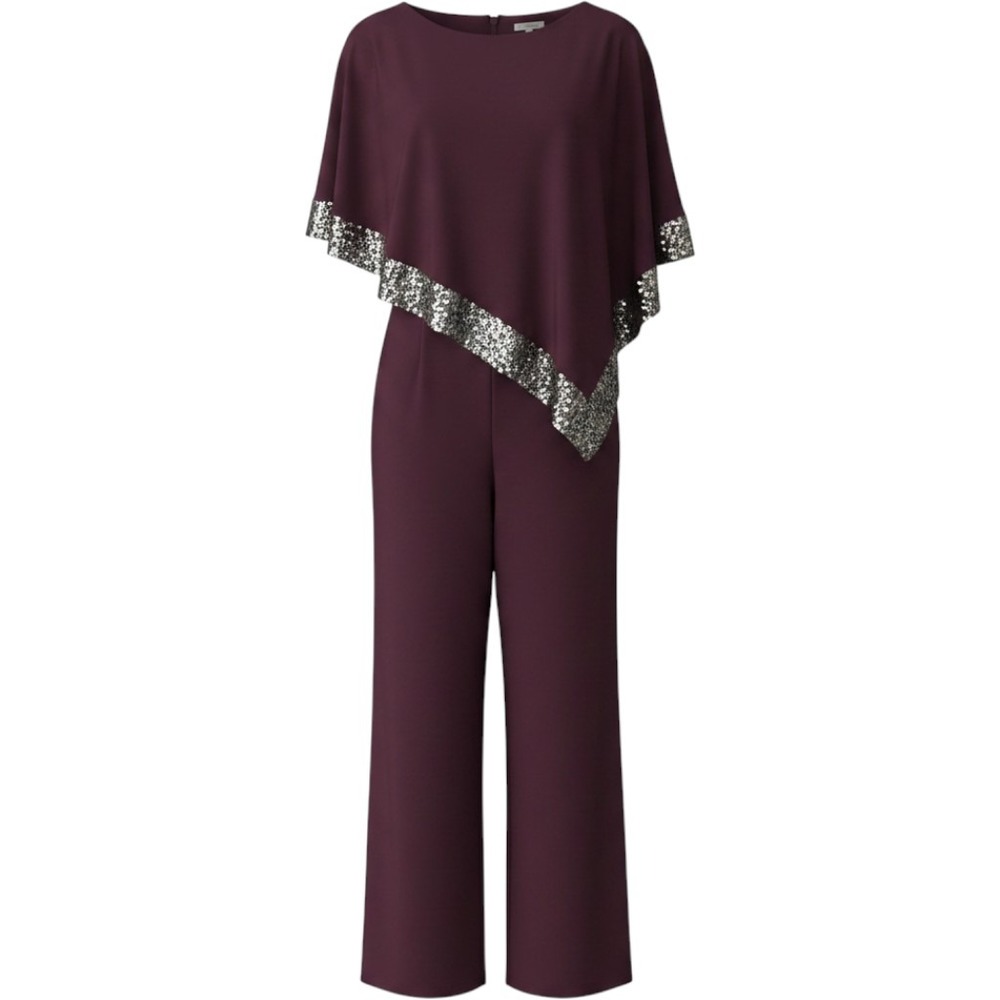 SLNY Jumpsuit Women 12 Burgundy Excellent Chiffon Cape Overlay Metallic Trim